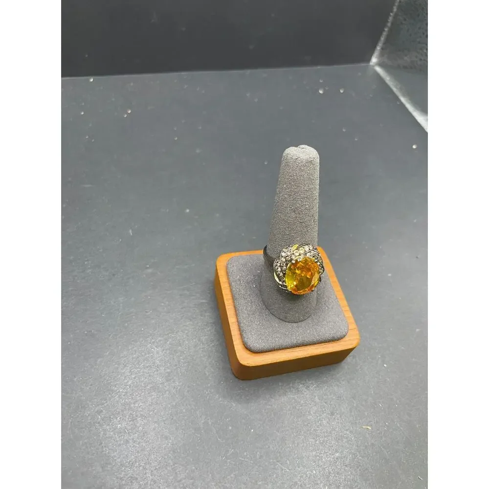 ADI Signed 925 Sterling Silver Yellow Citrine CZ Solitaire Ring Statement